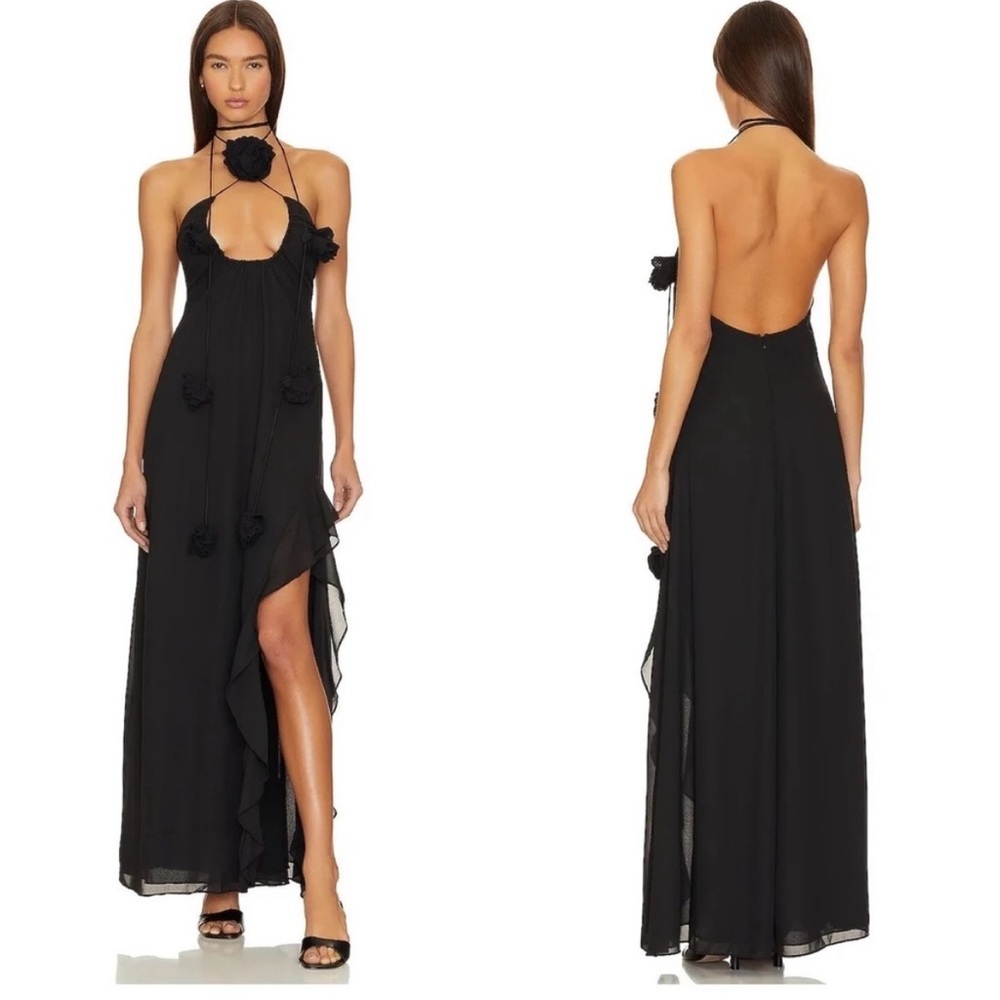 For Love & Lemons Desiree Chiffon Ruffle Halter Maxi Dress Black XS nwt